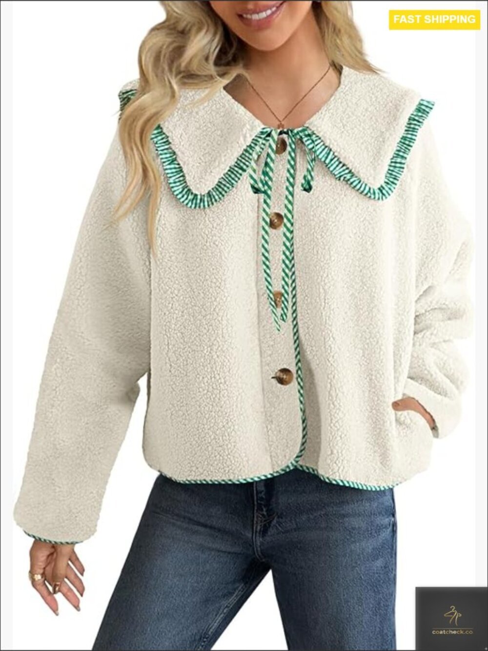 Womens Fuzzy Fleece Jacket Peter Pan Collar Button Down Sherpa Coat Cute Casual